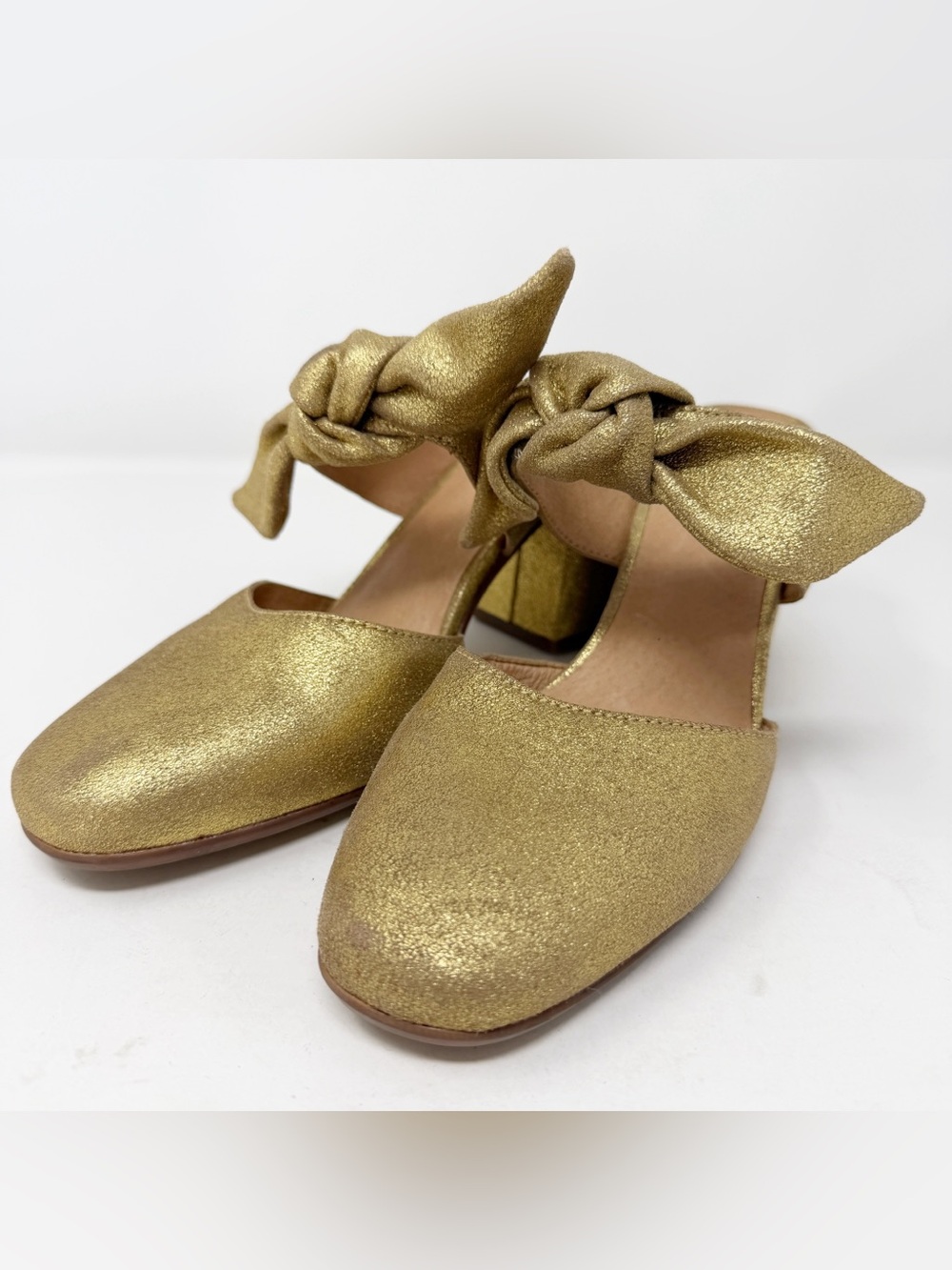 Madewell Gold Metallic Knot Mule Heels Block Heel Slip On Sandals Womens 7.5